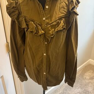 Anthropologie Pilcro Olive Ruffle Button-Up Blouse